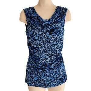 Cable & Gauge Mesh Lined Drape Neck Ruched Waist Sleeveless Blouse Blue Black M